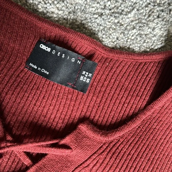 ASOS Design Deep Red Knitted Mini Sweater Dress Size 12 - Picture 3 of 9